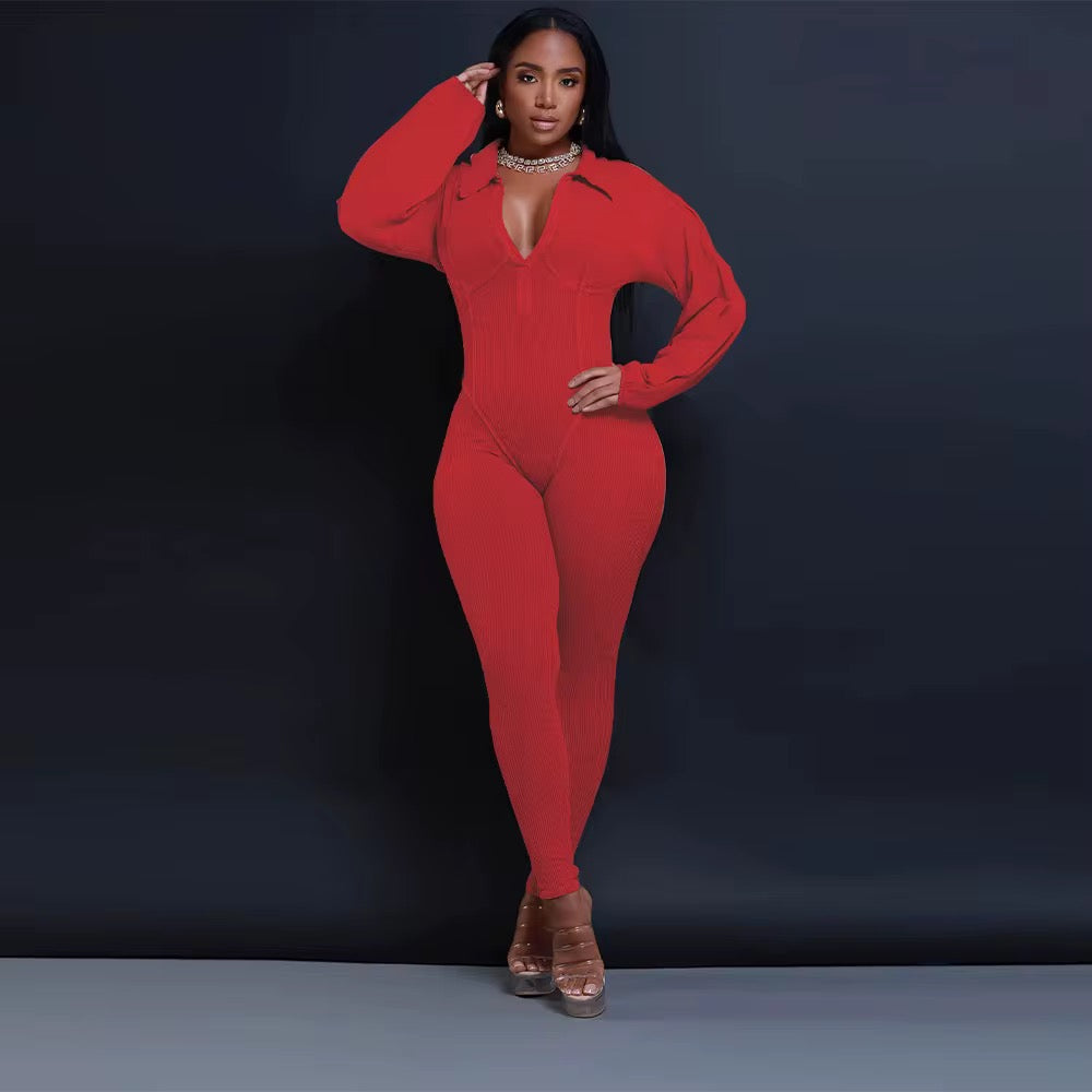 V neck long sleeve skinny jumpsuits