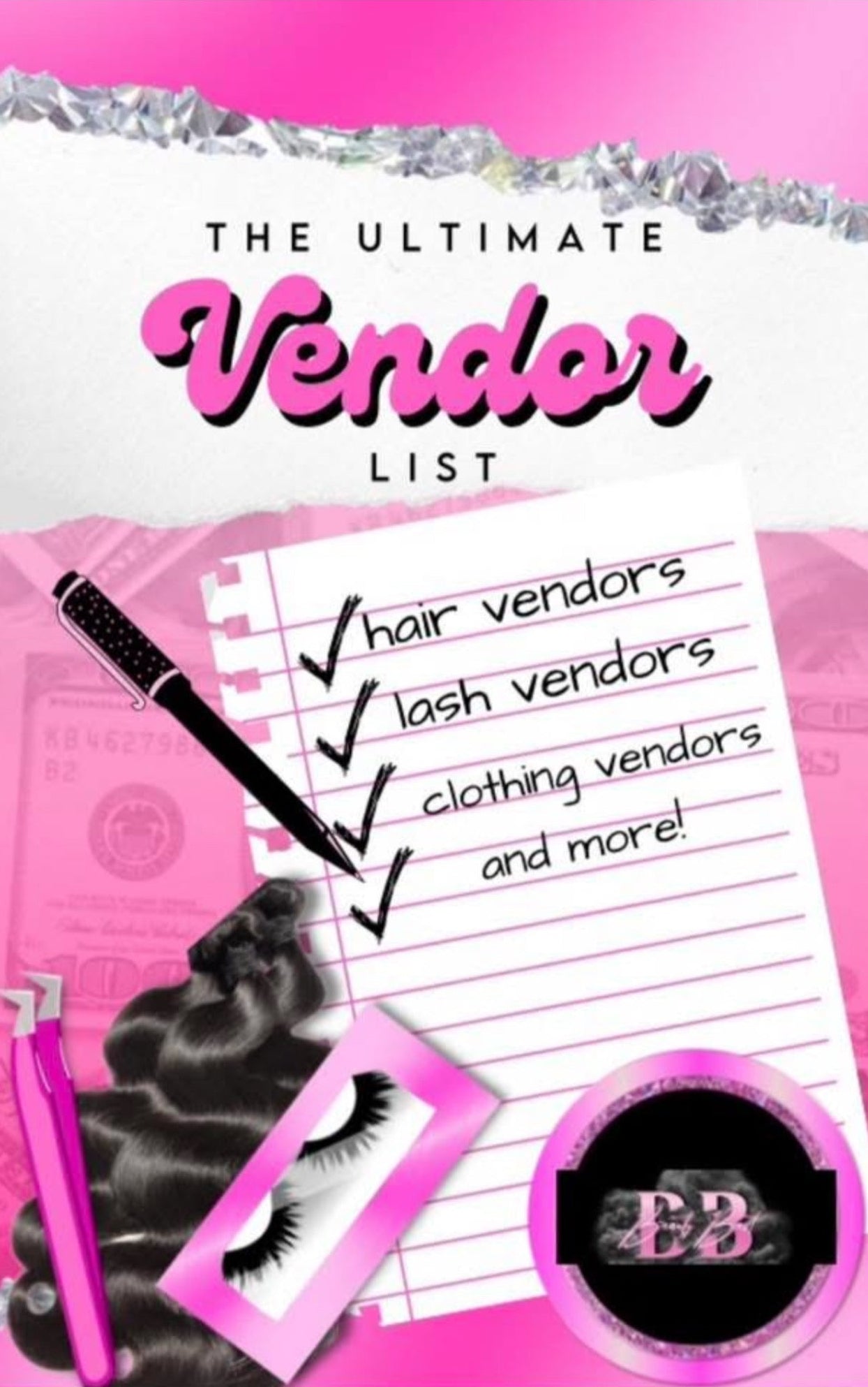 Vendors list for clothing, lashes, lipgloss hair, purses, and swimwear