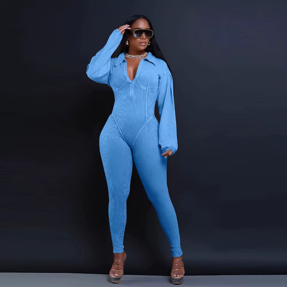 V neck long sleeve skinny jumpsuits