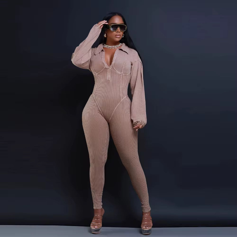 V neck long sleeve skinny jumpsuits
