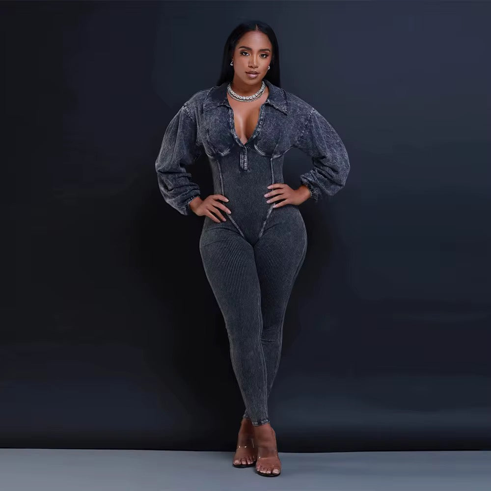 V neck long sleeve skinny jumpsuits